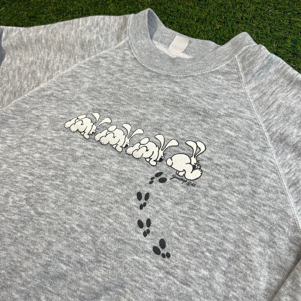 Vintage 80s Paper Thin Bunny Rabbit Sweatshirt Medium Gray Raglan Crewneck Rare